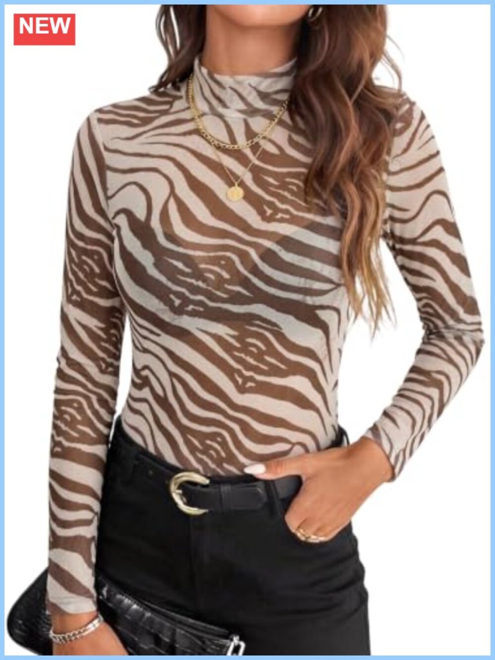 Sheer Mesh Long Sleeve Mock Neck Top Animal Print See Through Shirt
